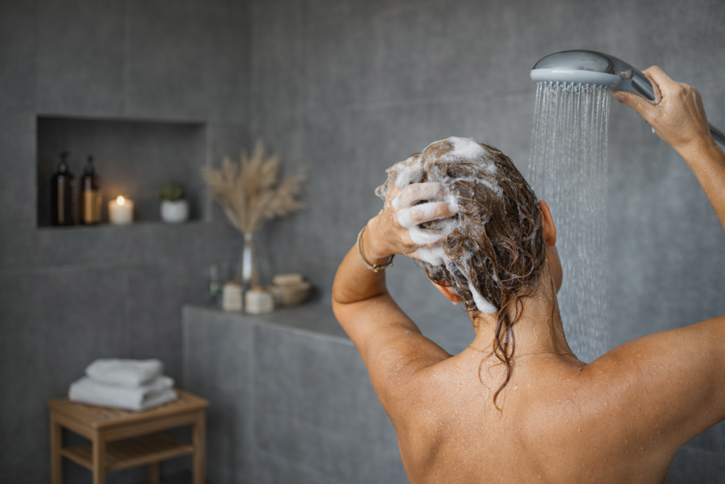 a person washing scalp