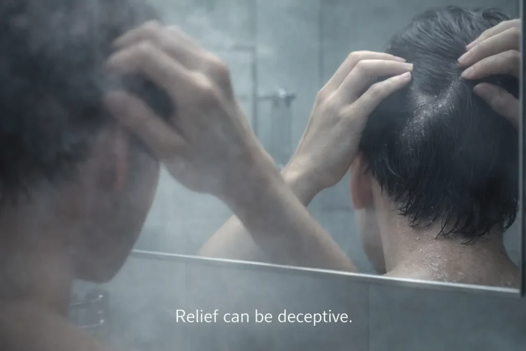 scalp calm after washing then flakes return